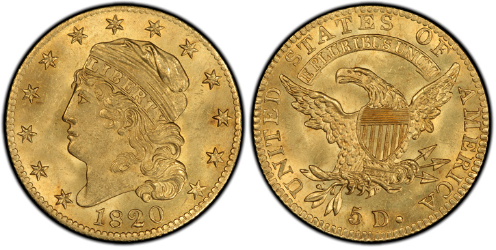 1820 Capped Head Left Half Eagle. BD-7.  Curved-Base 2, Large Letters.  MS-65+ (PCGS).